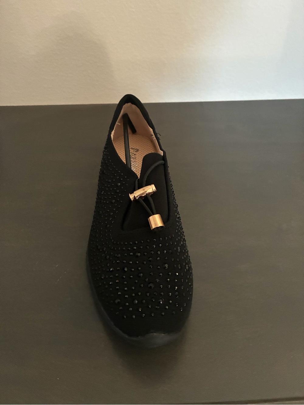 Black Slip-On Moccasins with Rhinestone Detail and Gold Accent